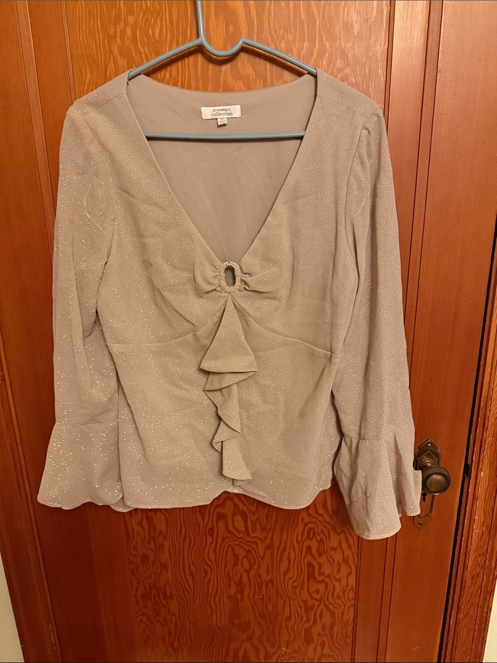 Dress Barn Sparkle Ruffle V-Neck Blouse in Taupe